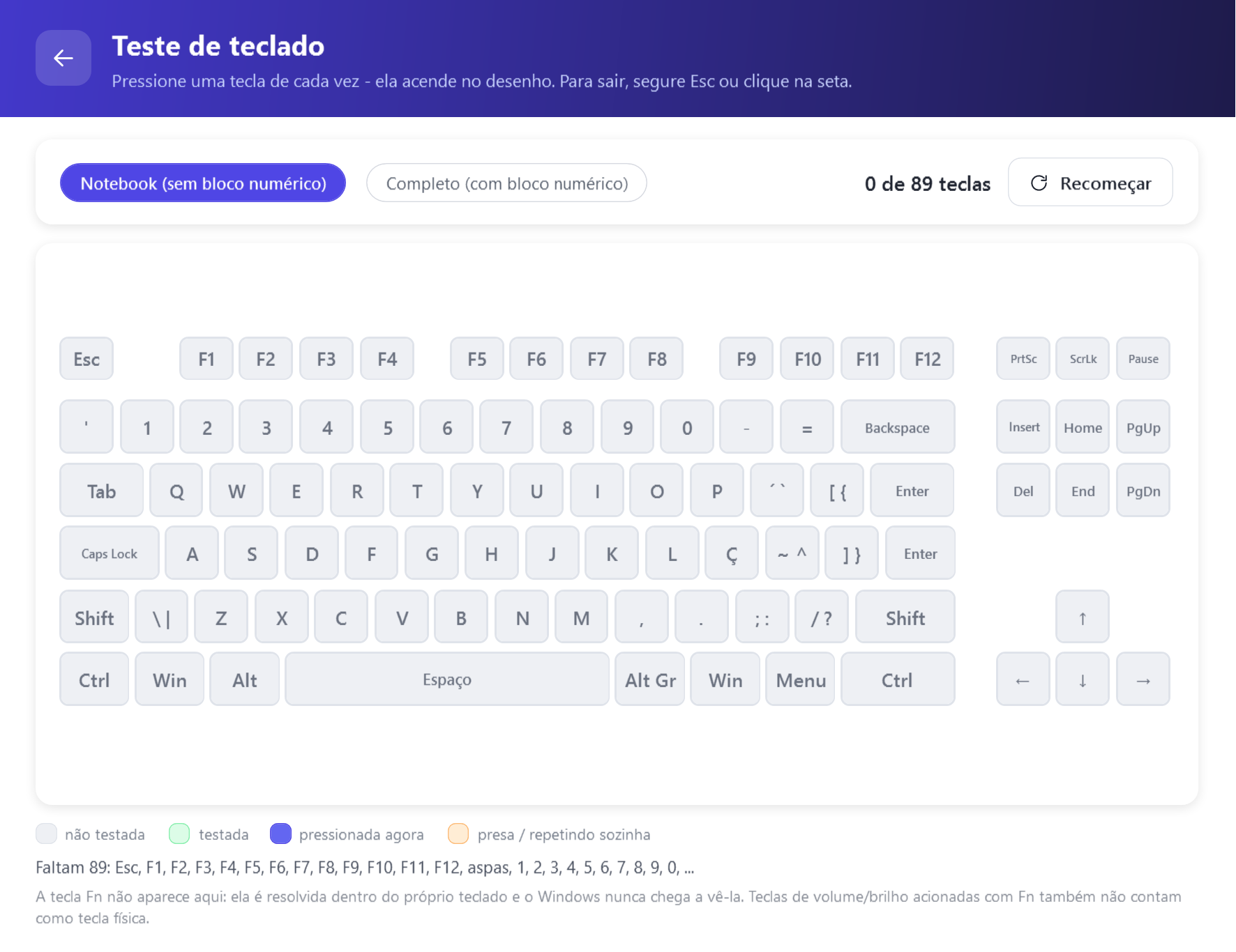 Tela do teste de teclado